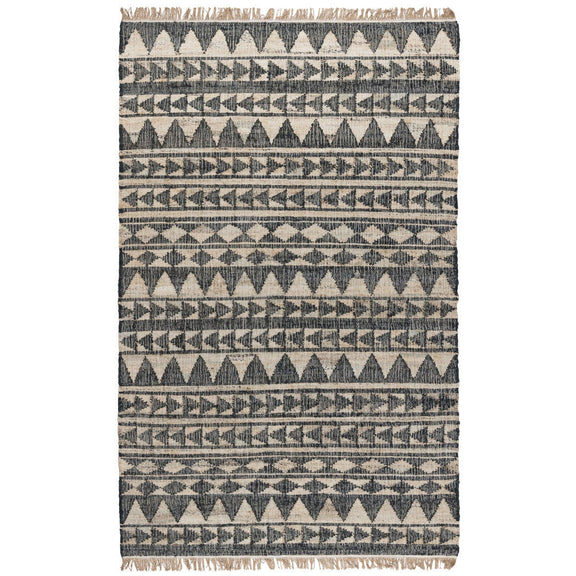 Solana rug in distressed dark blue and natural with repeating triangle pattern and fringe.
