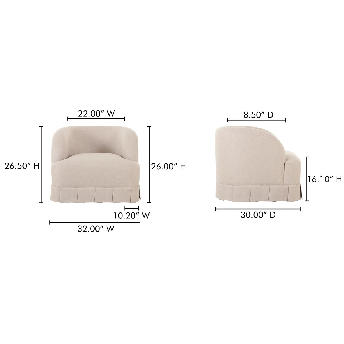 Beige swivel accent chair dimensions diagram: 32"W x 30"D x 26"H