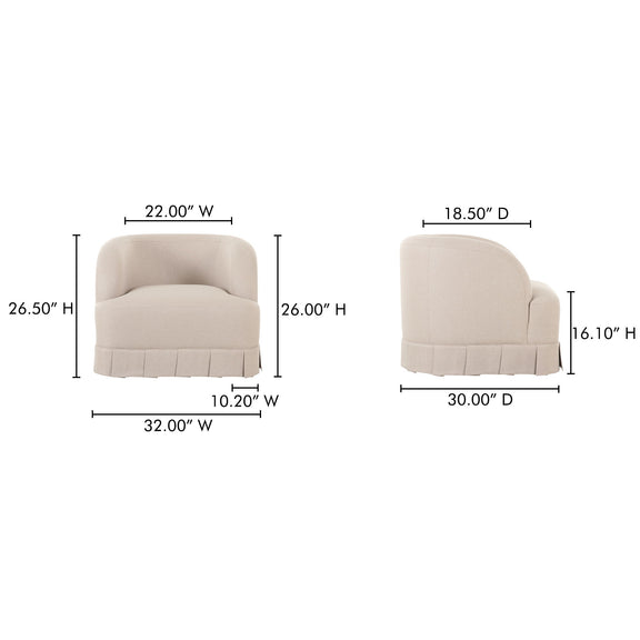 Beige swivel accent chair dimensions diagram: 32"W x 30"D x 26"H
