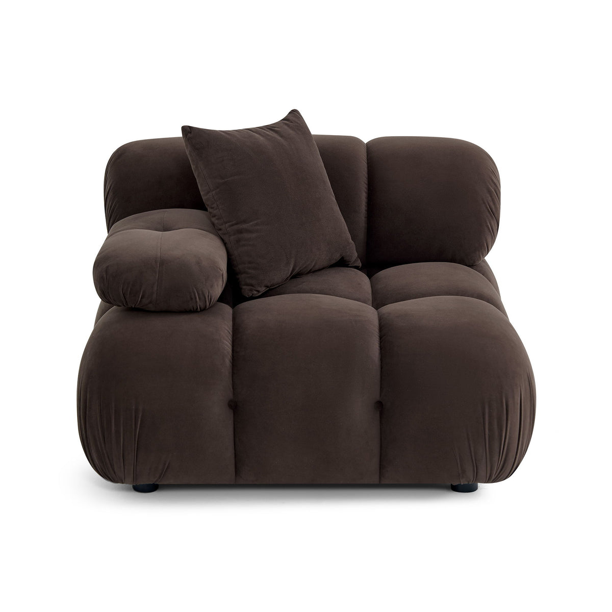 Dark brown modular corner chair with three cushion blocks and tall back pillow.