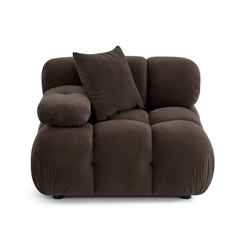 Dark brown modular corner chair with three cushion blocks and tall back pillow.