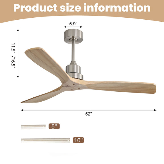 Ceiling fan size diagram: 52-inch three-blade light wood blades with silver parts