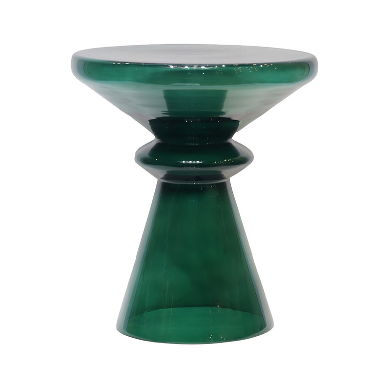Green blown glass accent table with hourglass silhouette, wide top and flared base.