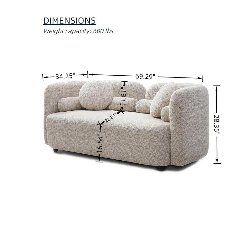Light beige 2-seat sofa dimensions shown: 69.29in W x 38.35in H x 34.25in D