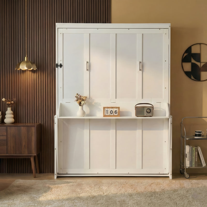 Queen Size Wood Vertical Murphy Bed, Space-Saving Hidden Wall Bed, Wall Bed Cabinet, with Desk, Gas Struts, White
