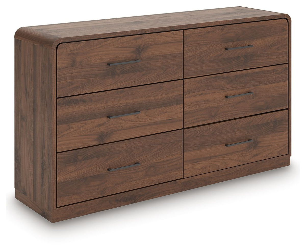 Dark brown wood dresser with six drawers and rectangular metal bar pulls