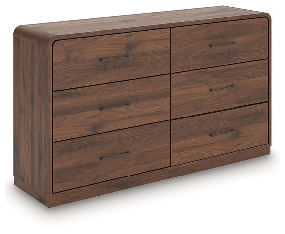 Dark brown wood dresser with six drawers and rectangular metal bar pulls
