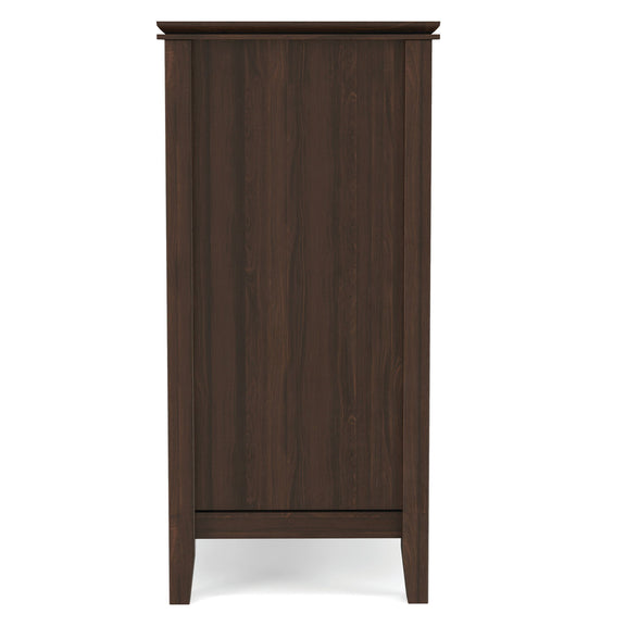 Tall TV media stand in dark aged brown wood with drawer fronts