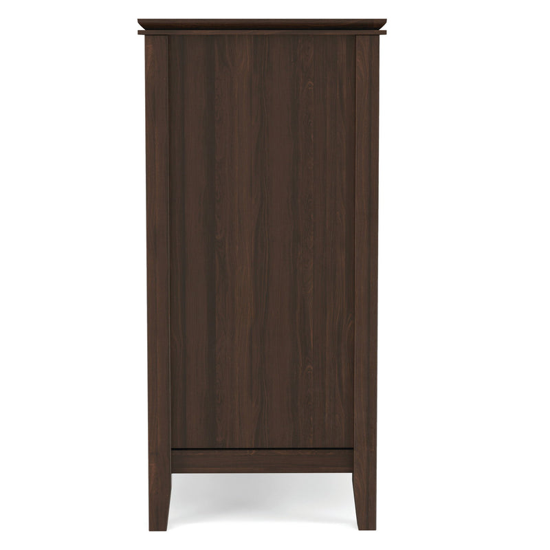 Tall TV media stand in dark aged brown wood with drawer fronts