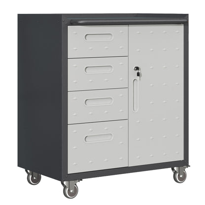 Gray metal tool storage cabinet with four drawers, pegboard door, and locking handle, on wheels