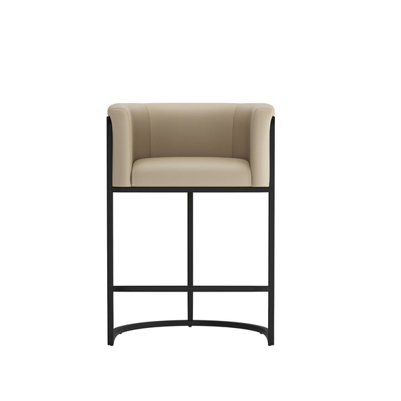 Beige upholstered counter stool with black metal frame and curved footrest