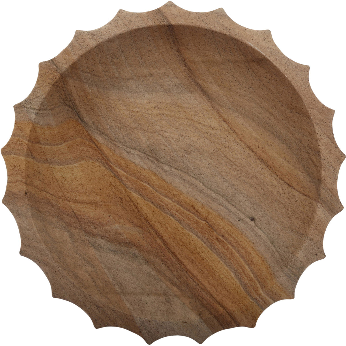 Sandstone bowl with scalloped rim and natural stone grain, shallow round
