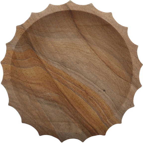 Sandstone bowl with scalloped rim and natural stone grain, shallow round