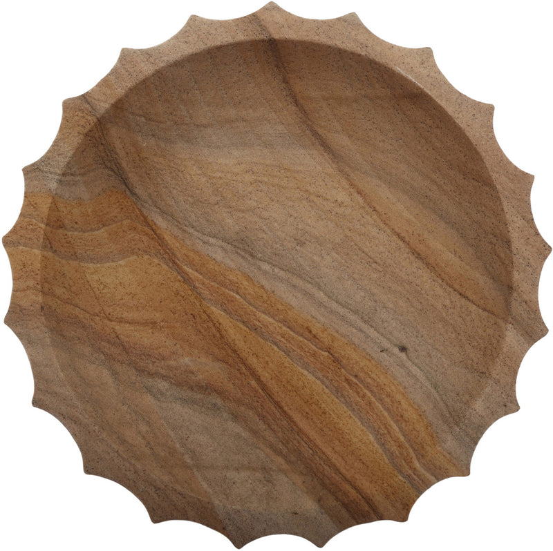 Sandstone bowl with scalloped rim and natural stone grain, shallow round