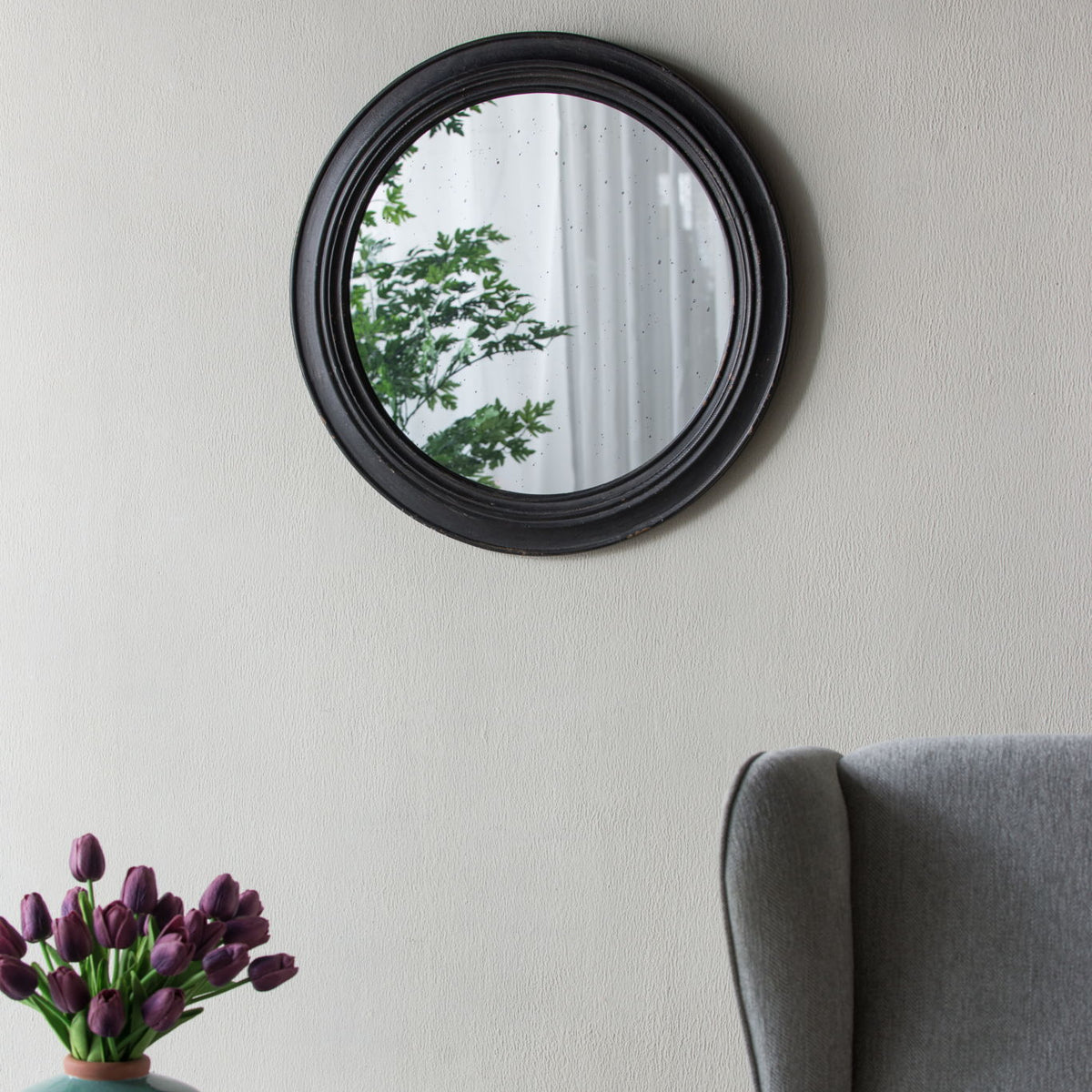 Circle Wall Mirror With Wooden Frame, Antique Classic Accent Mirror, For Living Room - Black