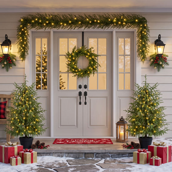 Green artificial Christmas trees, wreath, and garland with warm lights, arranged at an entryway