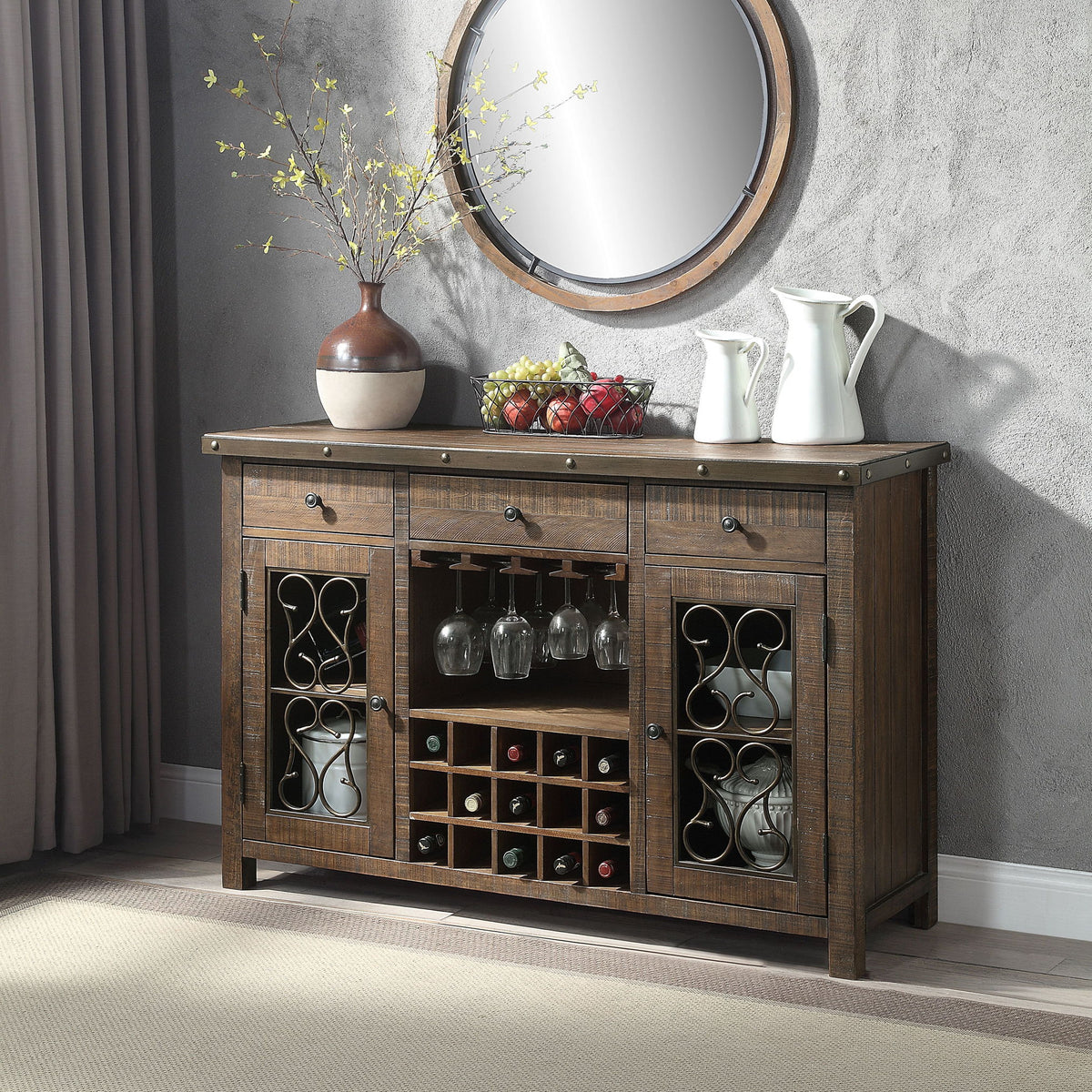 Raphaela - Server With Cup Holder & Wine Rack - Cherry
