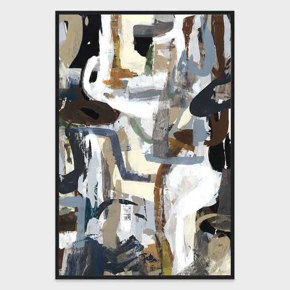 Framed abstract wall art with dark shapes, white strokes, and tan/blue accents