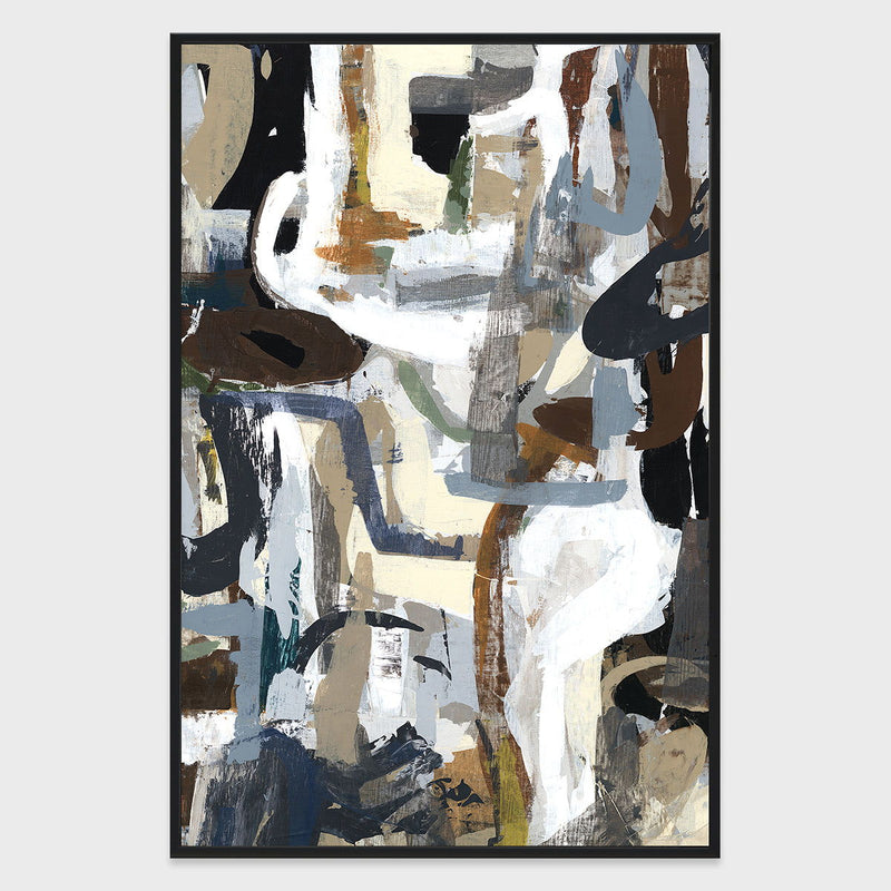 Framed abstract wall art with dark shapes, white strokes, and tan/blue accents