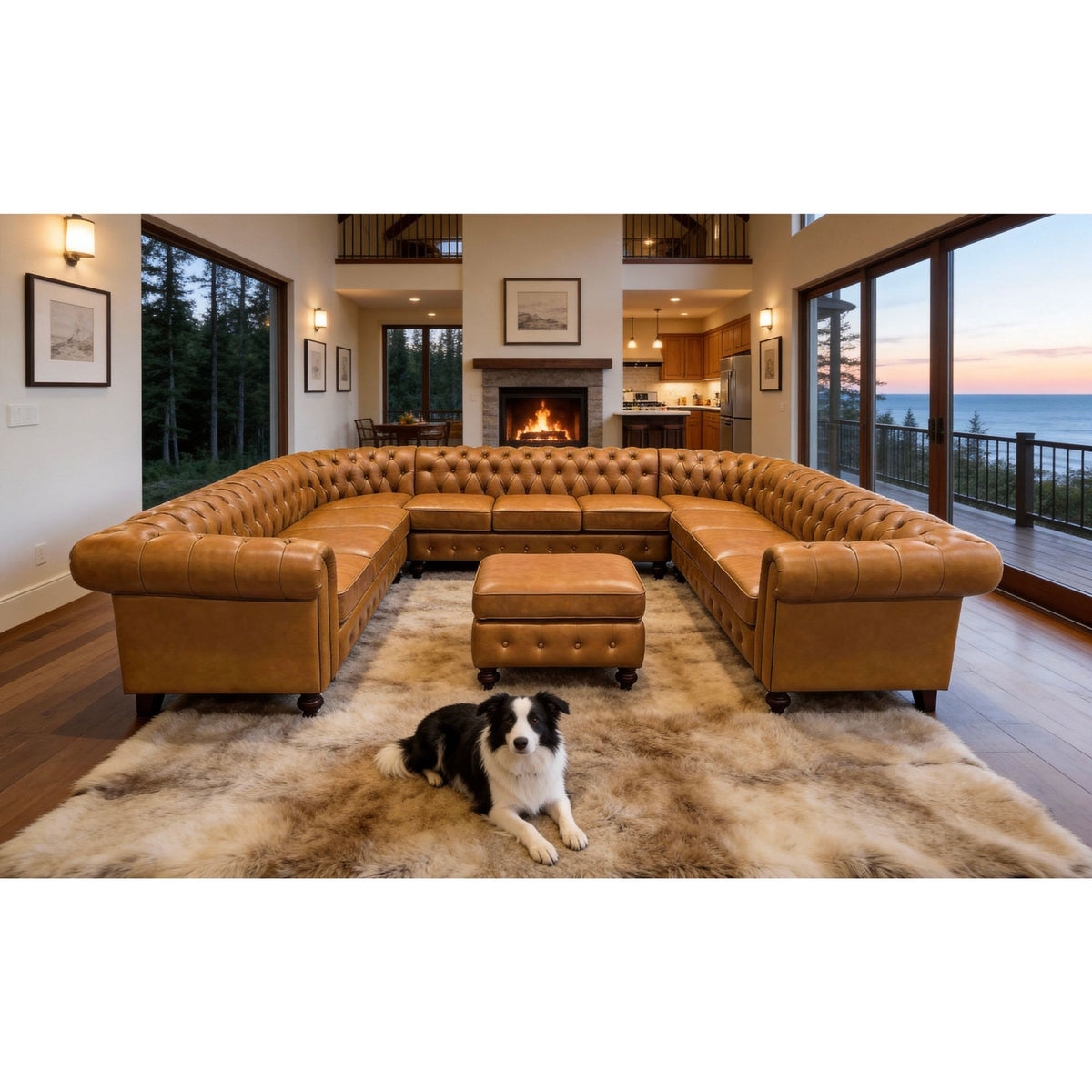 Light brown tufted U-shape sectional sofa with central ottoman and deep seat cushions