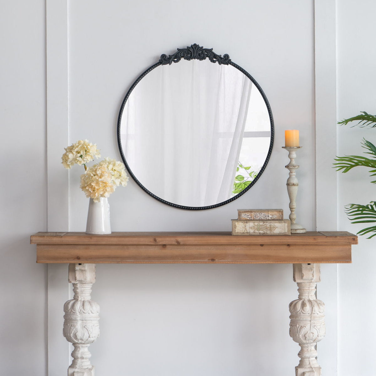 Classic Design Mirror With Baroque Inspired Frame For Bathroom, Entryway Console Lean Against Wall
