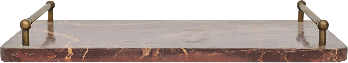 Red marble serving tray with brass corner handles and smooth rectangular top.
