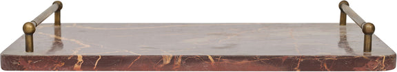 Red marble serving tray with brass corner handles and smooth rectangular top.