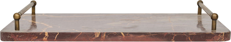 Red marble serving tray with brass corner handles and smooth rectangular top.
