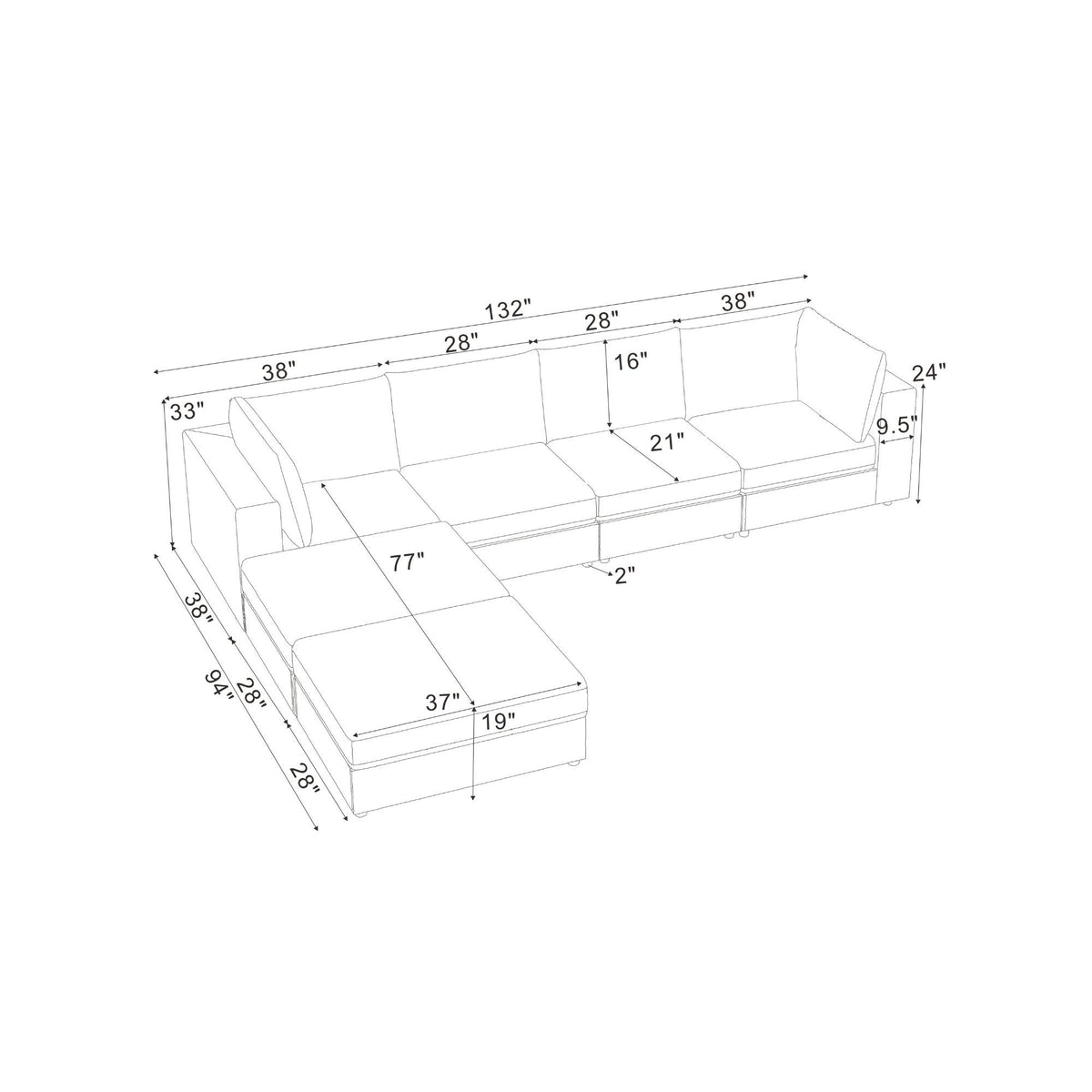 Reversible modular sectional sofa, layout dimension diagram with chaise and ottoman