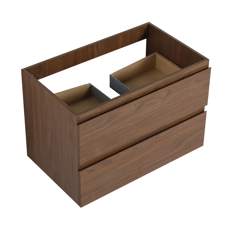 Dark brown wall-mounted bathroom vanity with two open soft-close drawers and inset sink basin