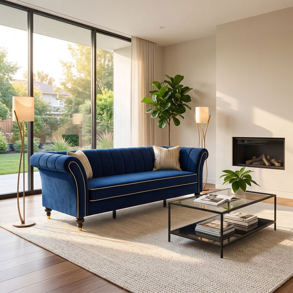 Blue rolled-arm sofa with channel-tufted back, gold piping and two pillows in a living room