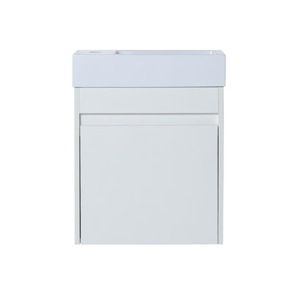 Floating bathroom vanity with soft-close cabinet door, white front and top