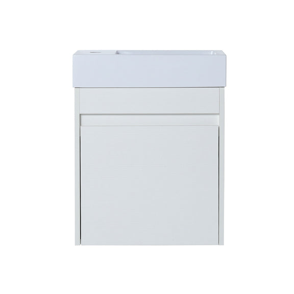 Floating bathroom vanity with soft-close cabinet door, white front and top