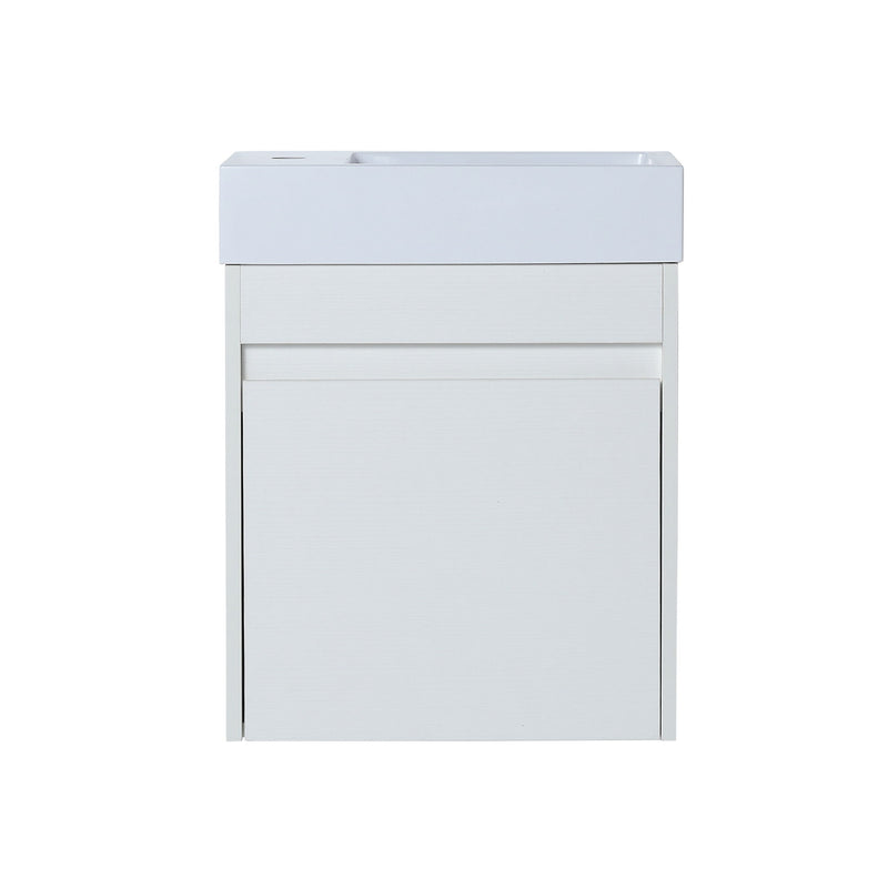 Floating bathroom vanity with soft-close cabinet door, white front and top