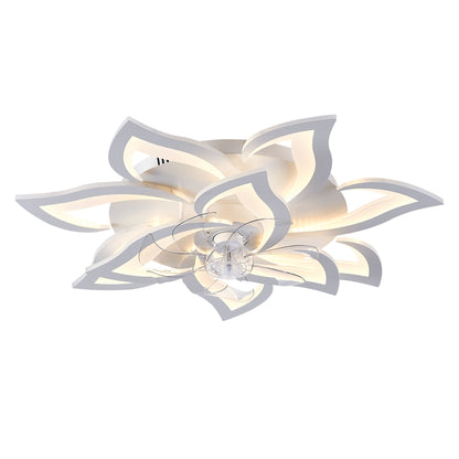 White flower-shaped LED flush mount ceiling fan with glowing light