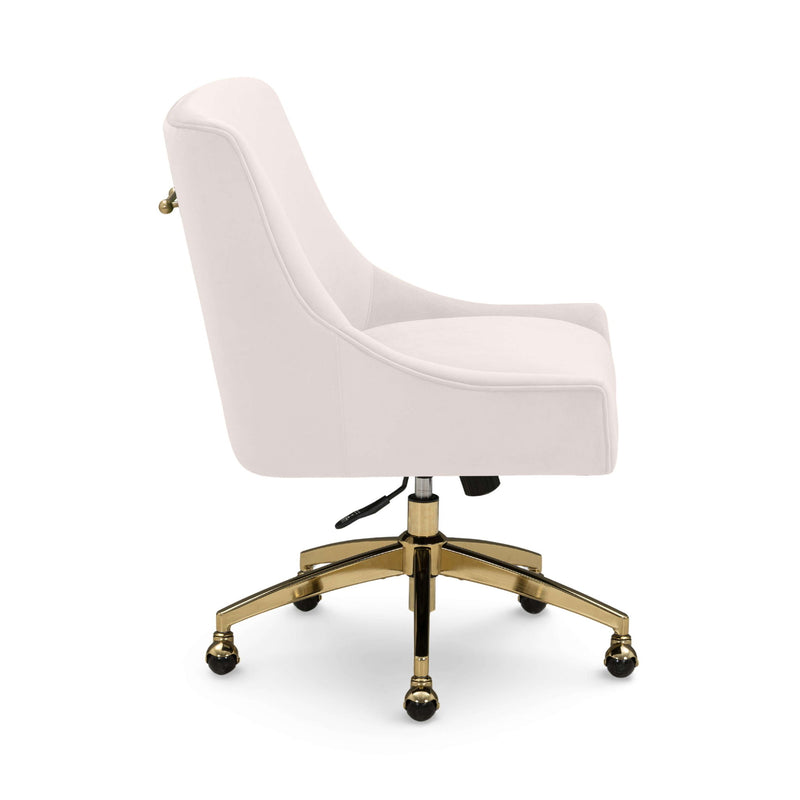 White office swivel chair, side view, padded back and seat, gold base and casters