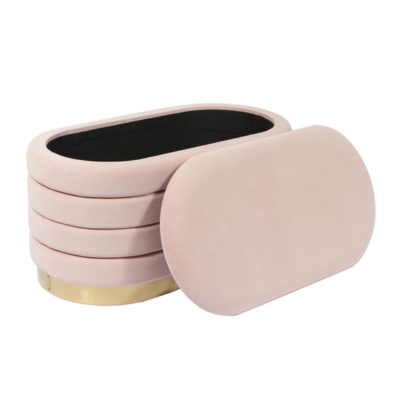 Light pink velvet storage bench with hinged round lid and padded top