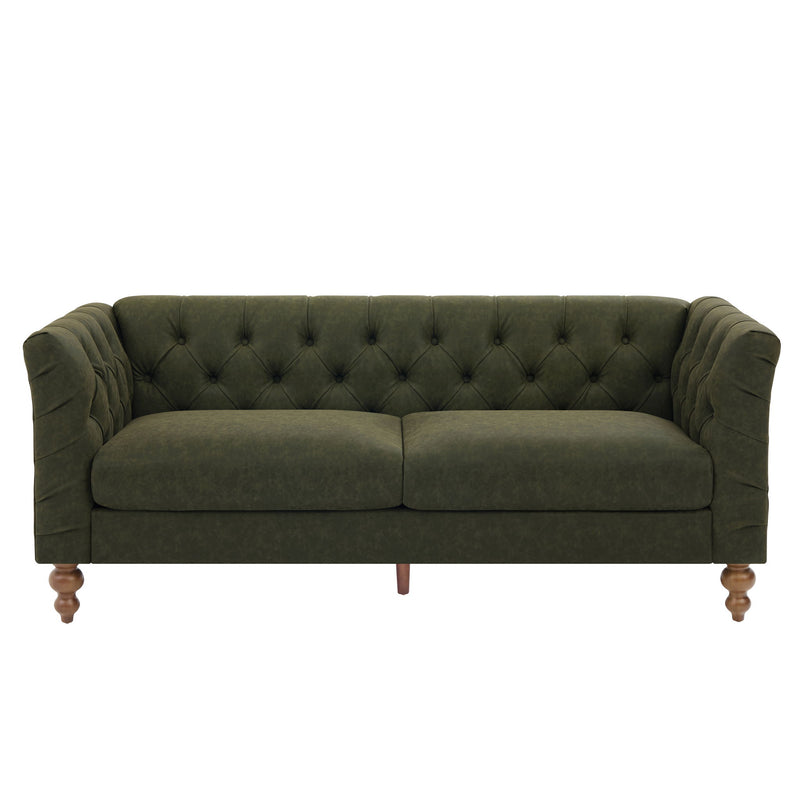 Dark green chesterfield-style sofa with tufted back, flared arms, and wooden legs