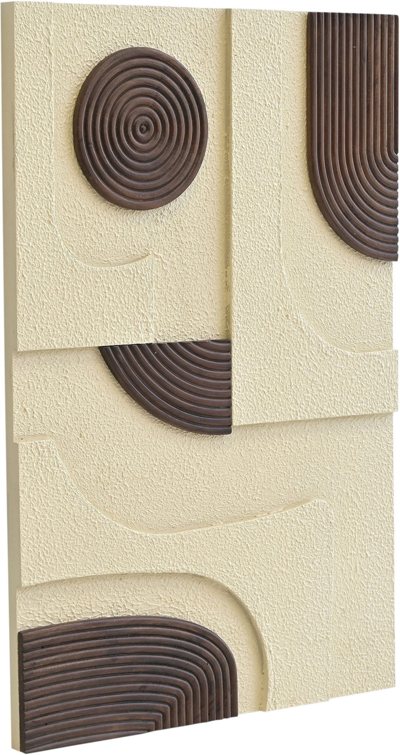 Mango wood wall art with circular ring motifs in dark brown on light textured panel