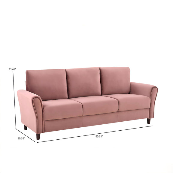 Pink 3-seat sofa side view with curved arms, box seat cushions, and dark legs.
