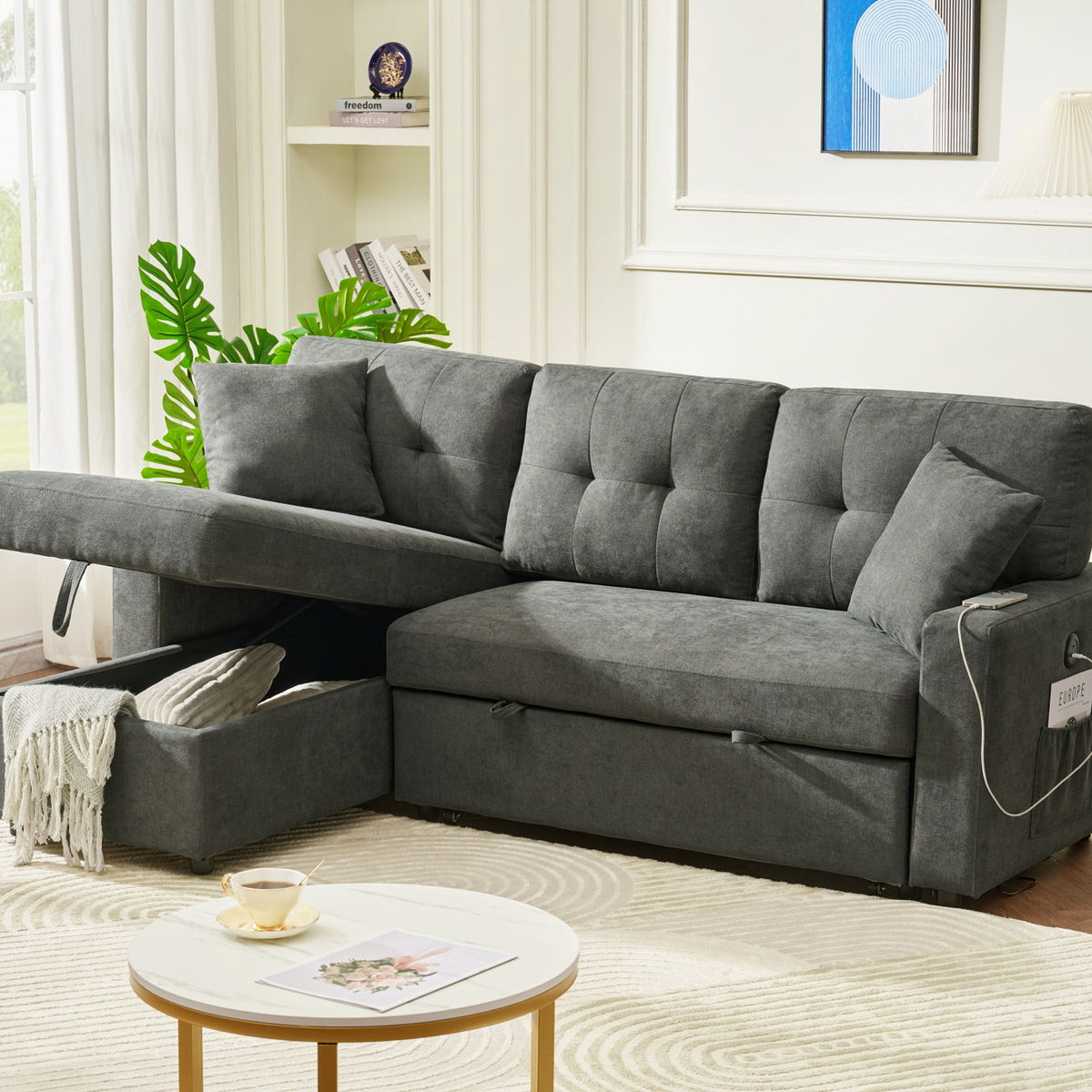 Reversible Sofa Couch Sleeper With Pull Out Bed And USB Port