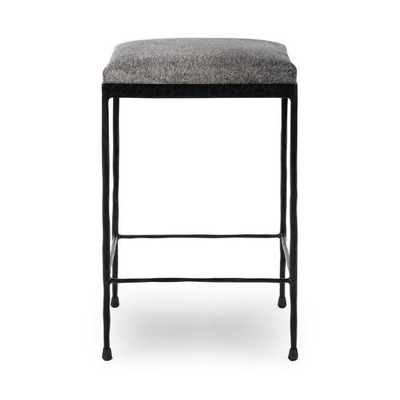 Gray counter stool with upholstered top and black metal frame
