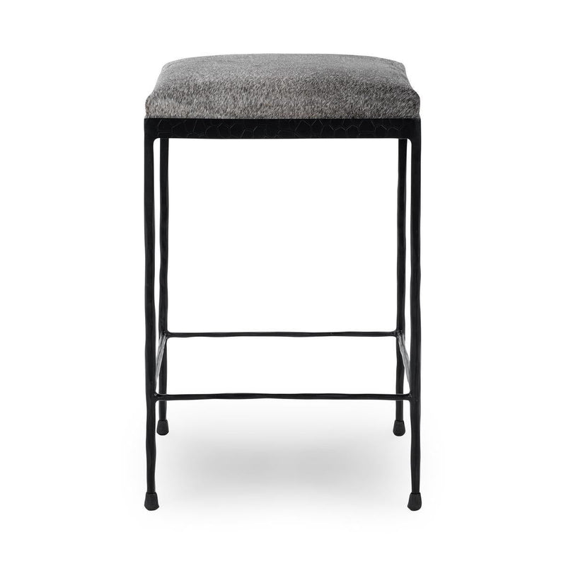 Gray counter stool with upholstered top and black metal frame