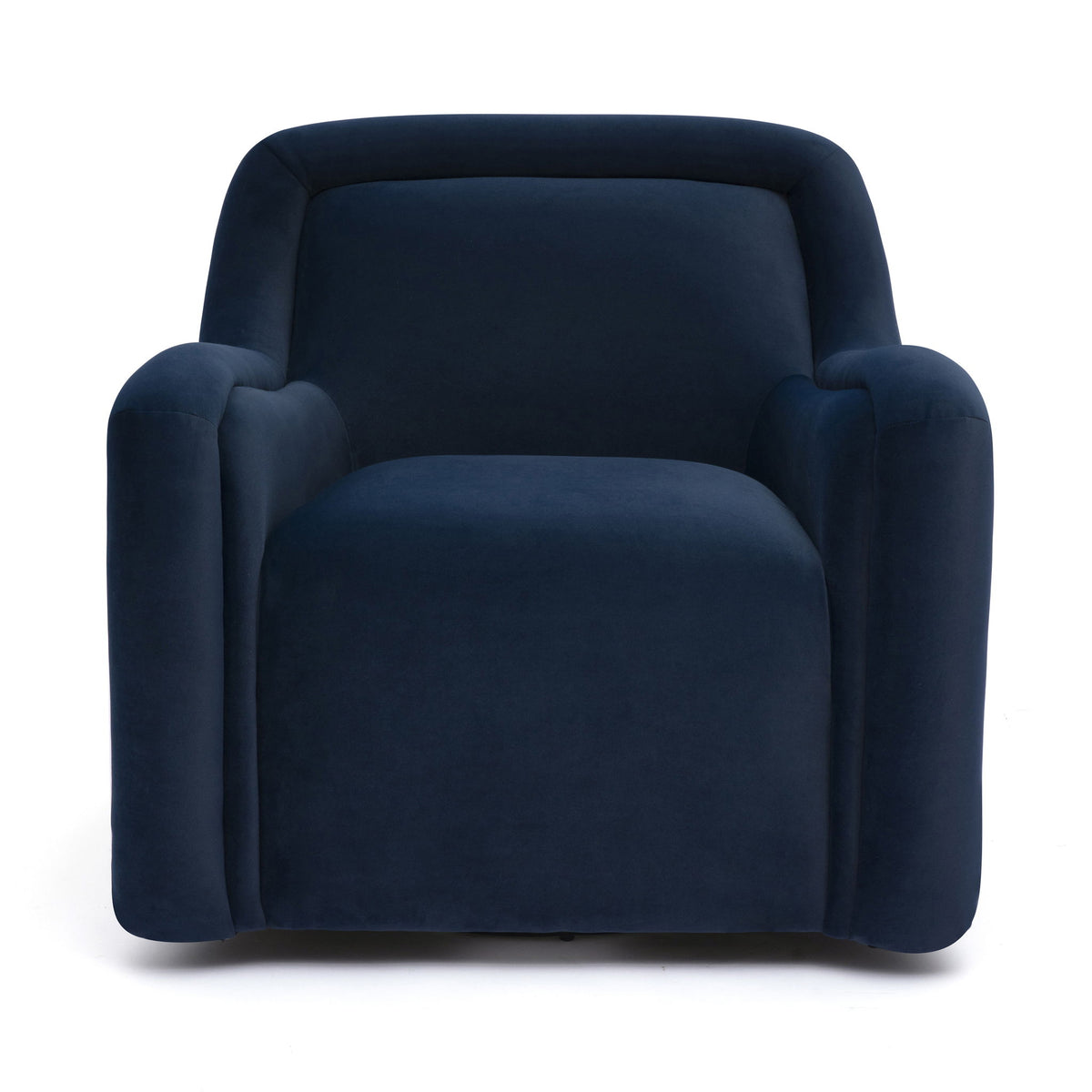 Dark blue upholstered swivel chair with rounded arms and supportive backrest.