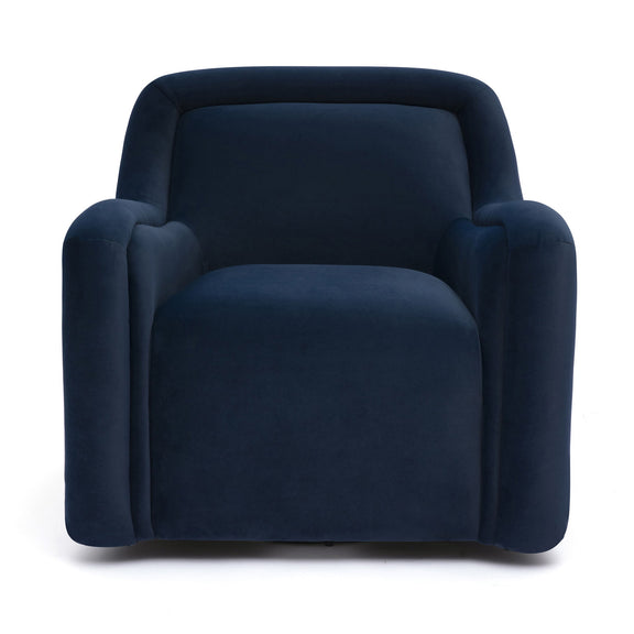 Dark blue upholstered swivel chair with rounded arms and supportive backrest.