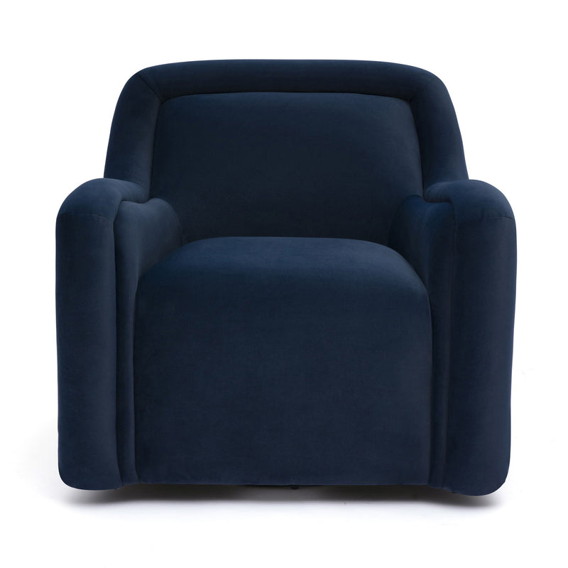 Dark blue upholstered swivel chair with rounded arms and supportive backrest.