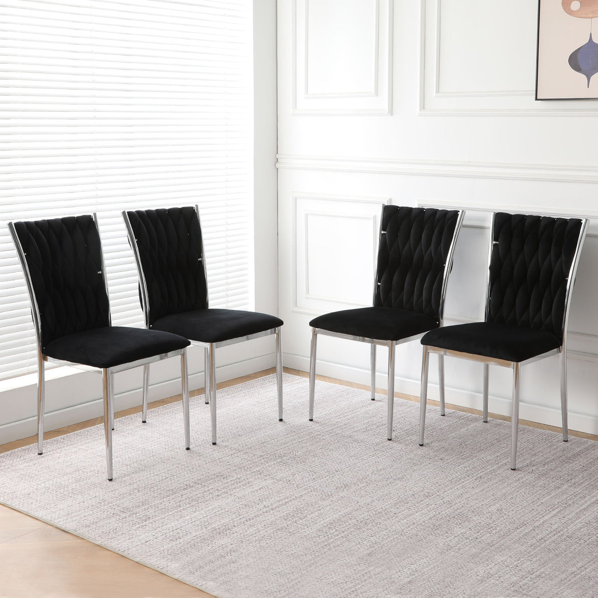 4-piece modern dining chair set, black quilted back, cushioned seat, metal legs