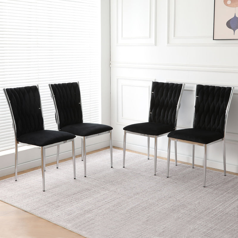 4-piece modern dining chair set, black quilted back, cushioned seat, metal legs