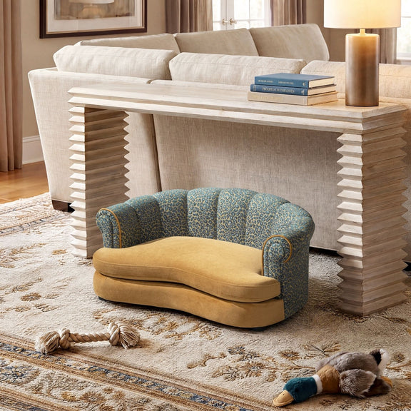 Blue patterned dog sofa bed with rolled arms and tan padded seat