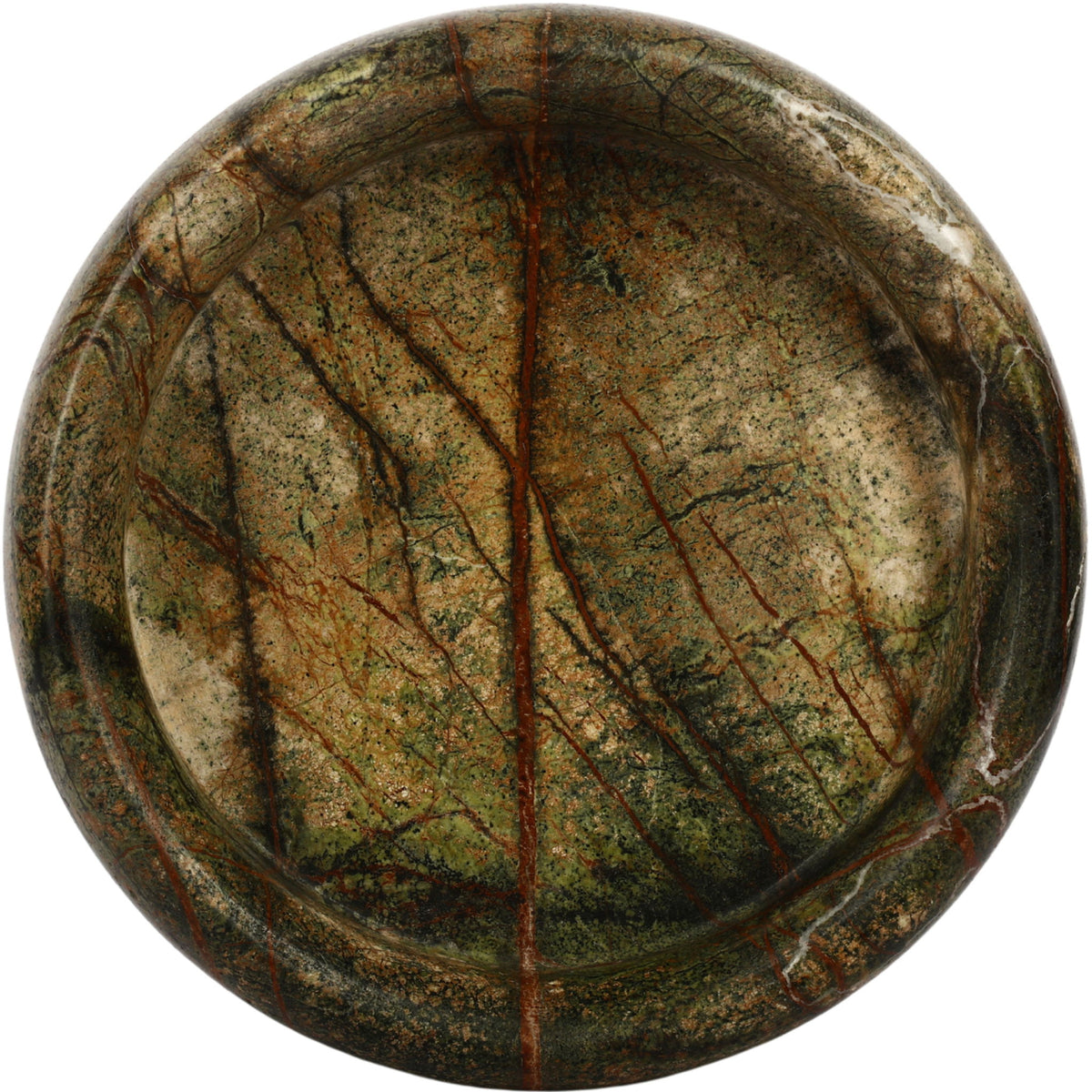 Marble tray, round dark green with brown veining and glossy natural finish.